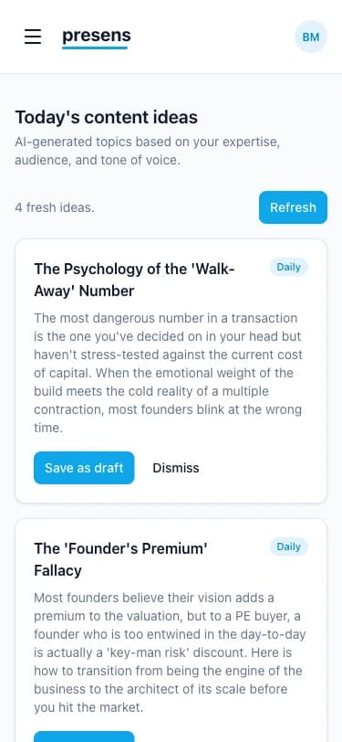 The presens daily ideas feed showing five M&A-related topic ideas, each on a card with a Save-as-draft button.