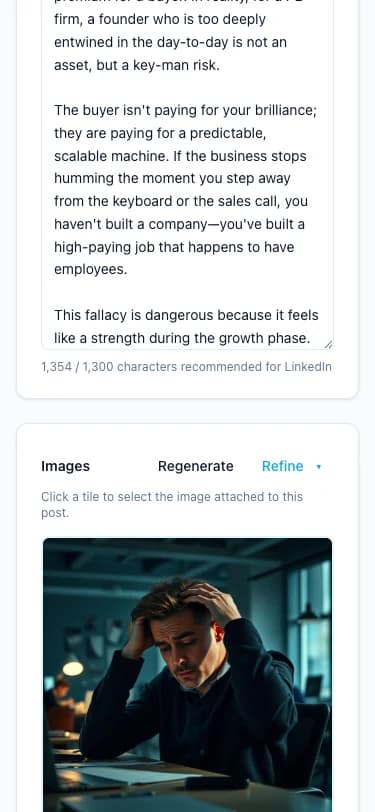 The presens draft editor with a complete post draft on the left and three editorial photo variants generated on the right.