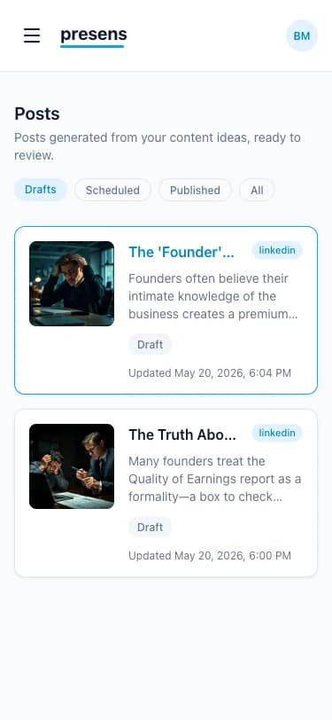 The presens drafts library showing two publish-ready posts, each with title, opening line, selected editorial photo, and a Draft status badge.