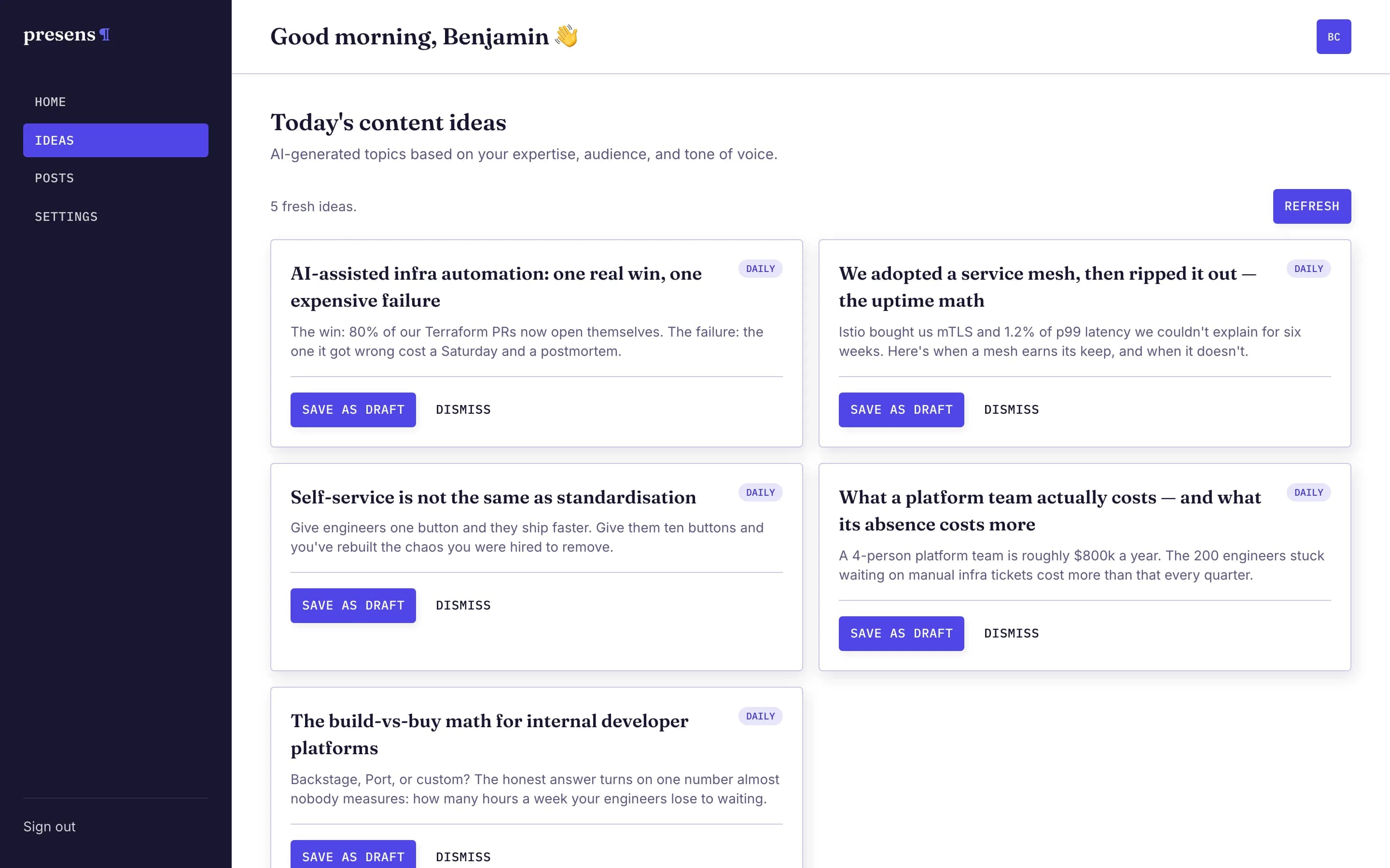 The presens daily ideas feed showing five topic ideas, each on a card with a Save-as-draft button.