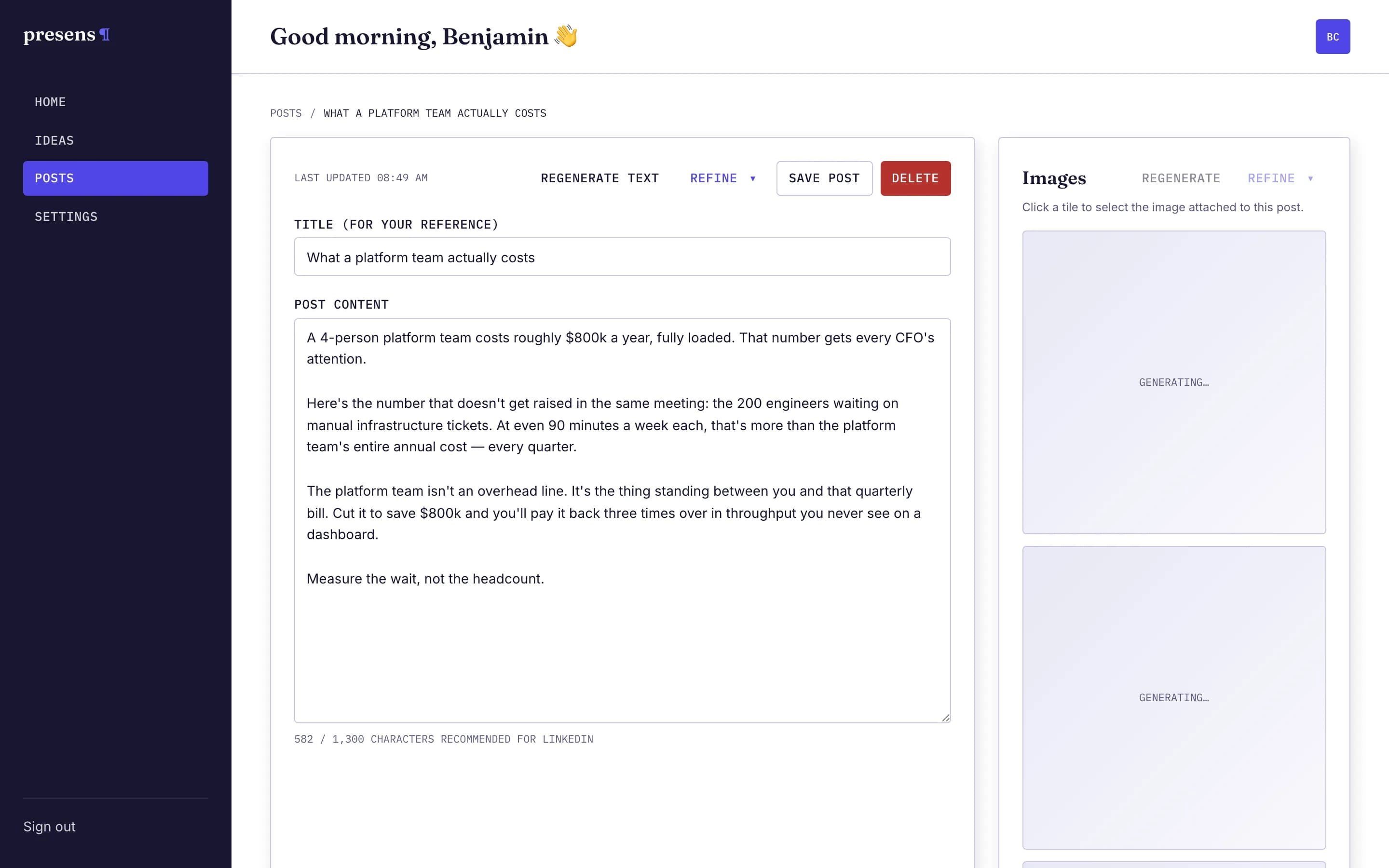 The presens draft editor immediately after saving an idea. The post text is already generated; three image variants are loading in the sidebar.