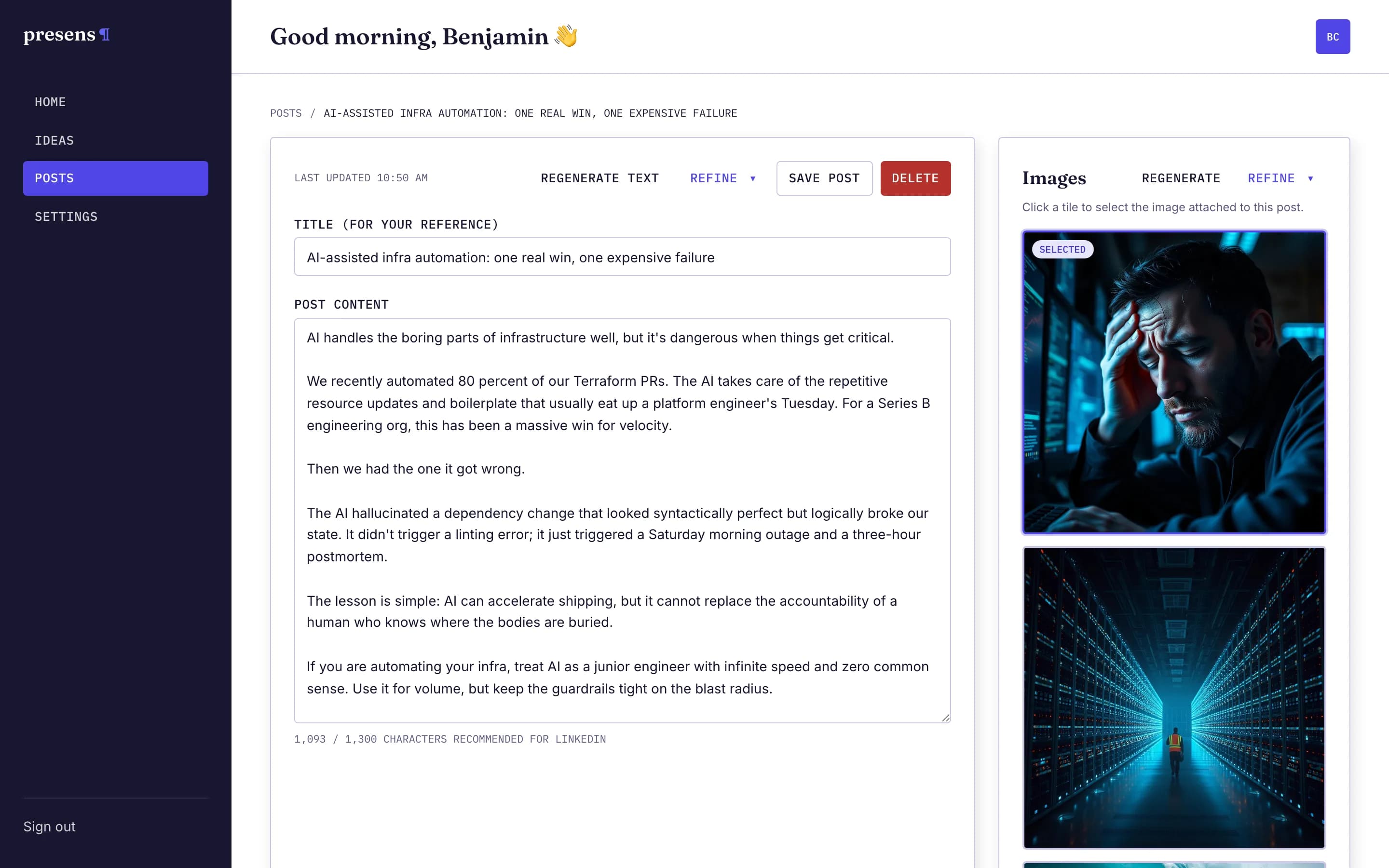 The presens draft editor with a complete post draft on the left and three editorial photo variants generated on the right.
