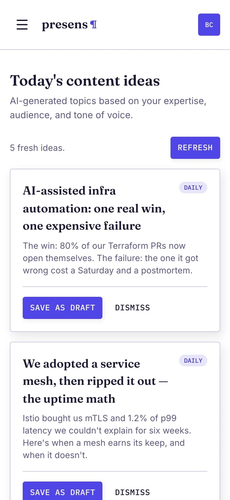 The presens daily ideas feed showing five topic ideas, each on a card with a Save-as-draft button.