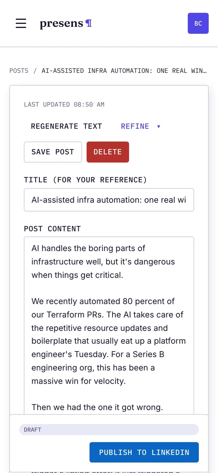 The presens draft editor with a complete post draft on the left and three editorial photo variants generated on the right.